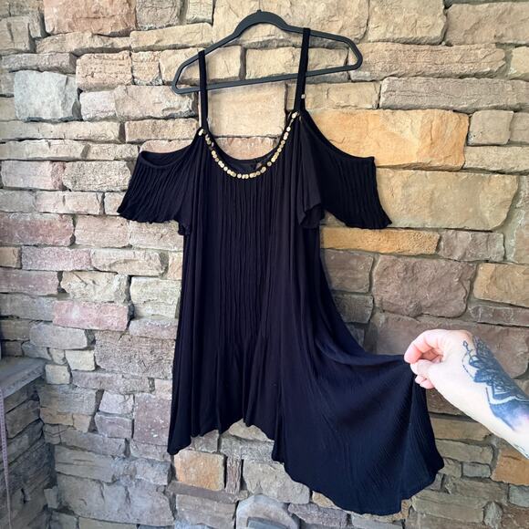 EUC TORRID 4XL Mini Gauze Black Cold Shoulder Trapeze Gold Accent Mini Dress - Picture 8 of 15